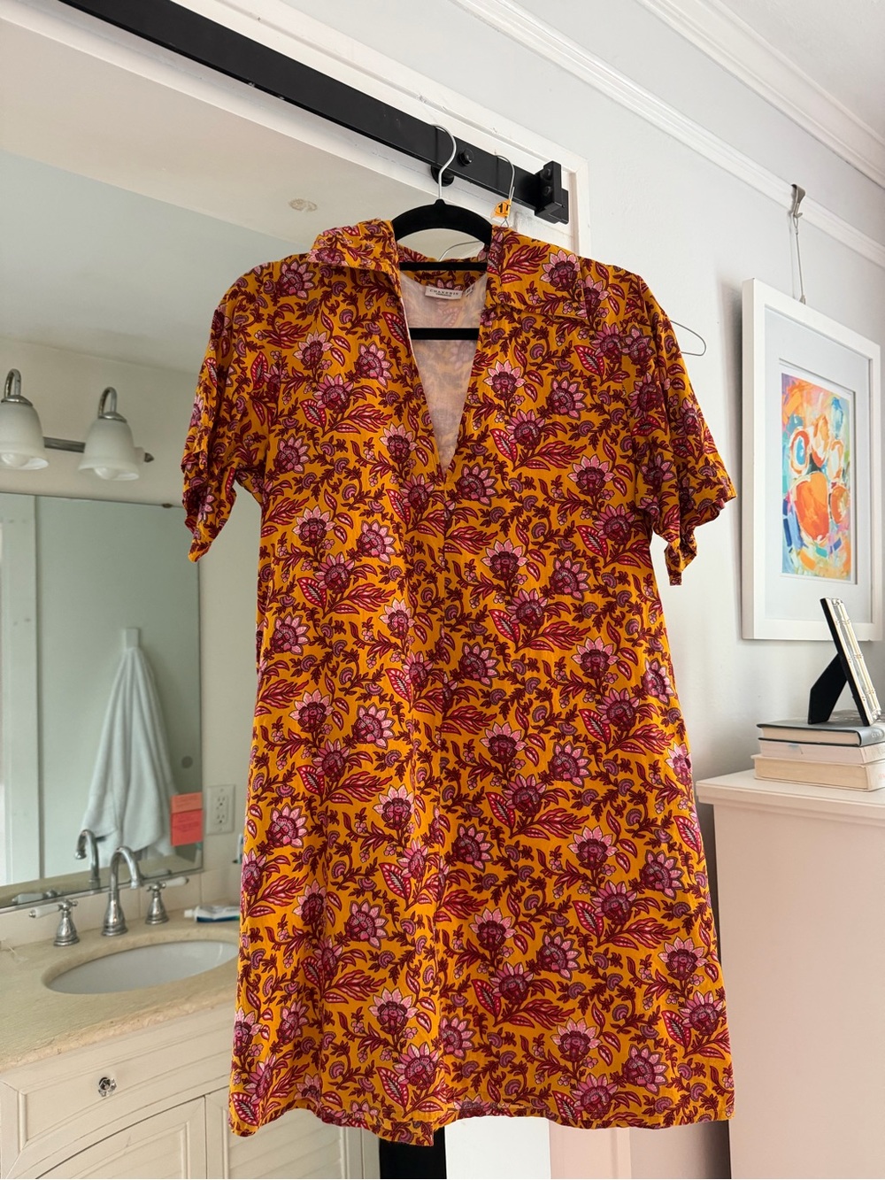 Floral Short Sleeve Mini Dress in Golden Yellow and Magenta